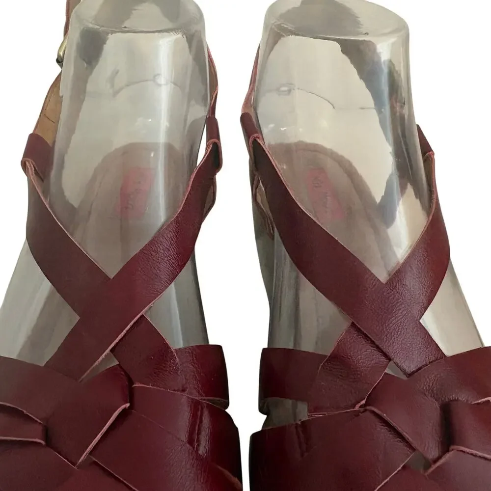 Miz Mooz Gizmo Maroon Leather Strappy Wood Wedge Slingback Sandals Basketweave